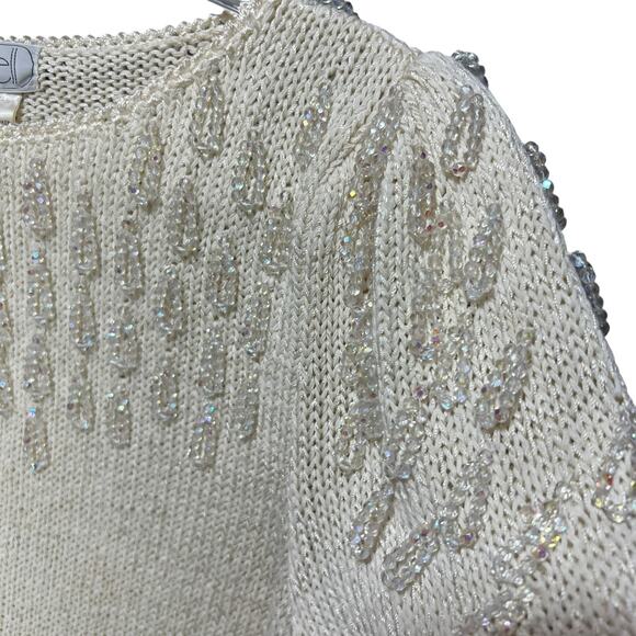 VTG 80s Glam Beaded Hand Knit Sweater Sz L Angora Wool Fringe Puff Sleeve Party - Picture 5 of 13